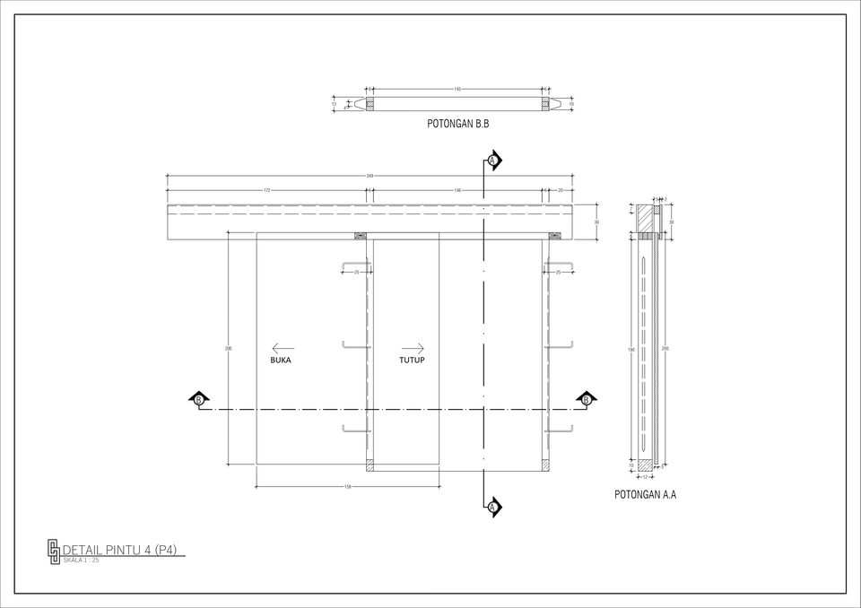 Jasa drafter autocad interior murah pembuatan gambar pintu 4 panel desain arsitektur.