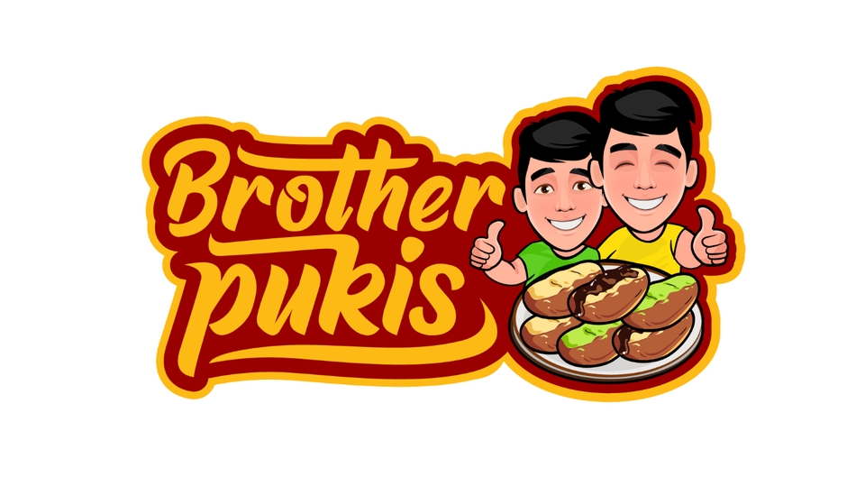 Logo desain makanan untuk usaha Brother Pukis dengan gambar dua orang laki-laki.