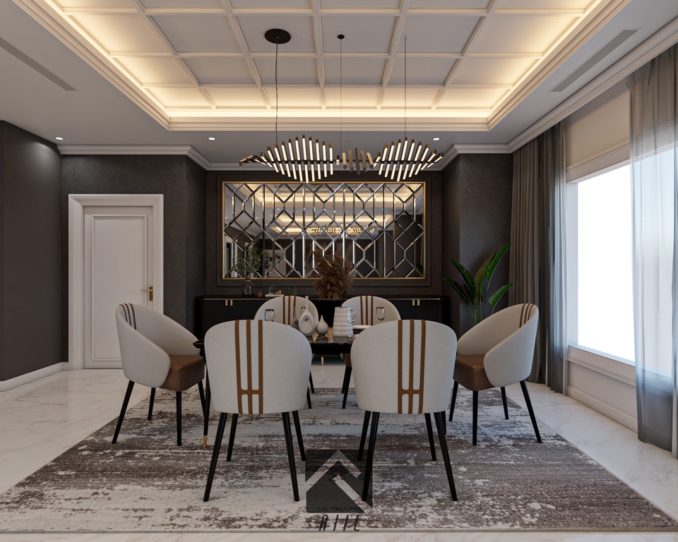 Jasa desain interior rumah minimalis modern dengan konsep ruang makan dan ruang tamu yang mewah dan elegan.