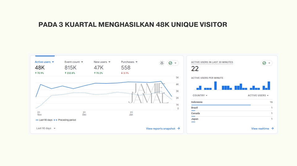Grafik laporan hasil layanan jasa seo profesional pada website, menunjukkan peningkatan traffic website dan jumlah visitor dalam 3 kuartal