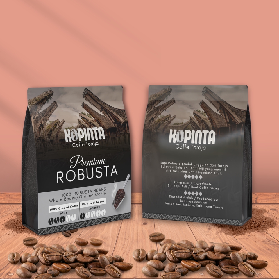 Kemasan kopi robusta premium dengan desain unik dan elegan dengan logo kopinta dan informasi produk.