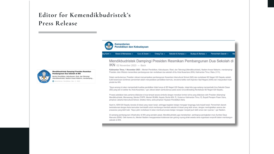 Jasa proofreading untuk berita Kemendikbudristek mengenai pembangunan dua sekolah di BKN