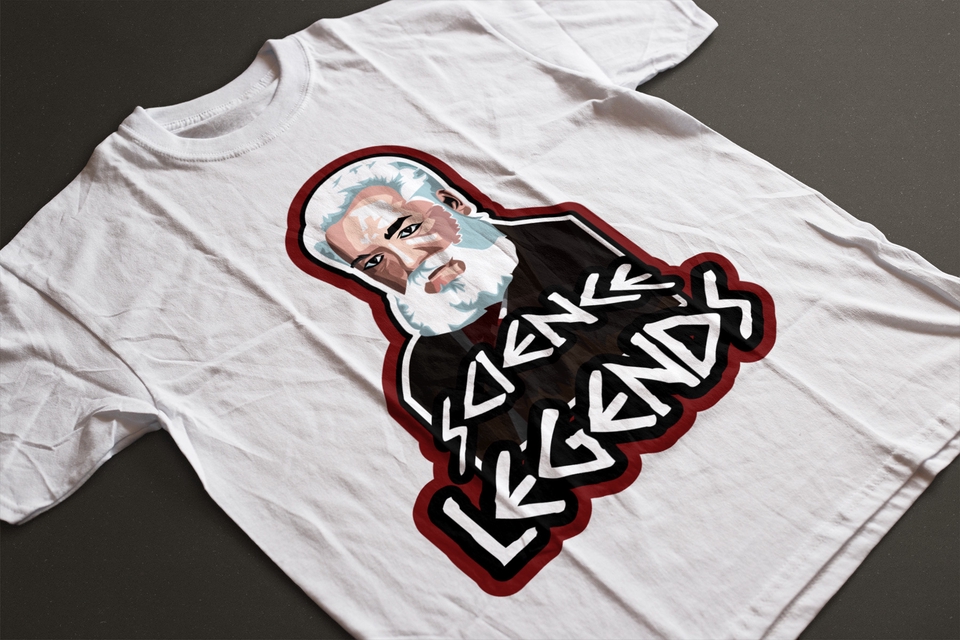 Desain kaos putih dengan gambar seorang ilmuwan dan tulisan "Science Legends"