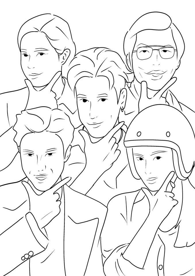 รับวาดภาพเหมือน การ์ตูน สไตล์น่ารัก มีผู้ชาย 4 คน ยิ้ม ใสๆ เหมาะสำหรับการนำไปตกแต่ง