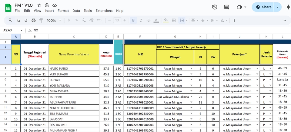 Jasa input data excel data entry untuk mengumpulkan data registrasi vaksin.