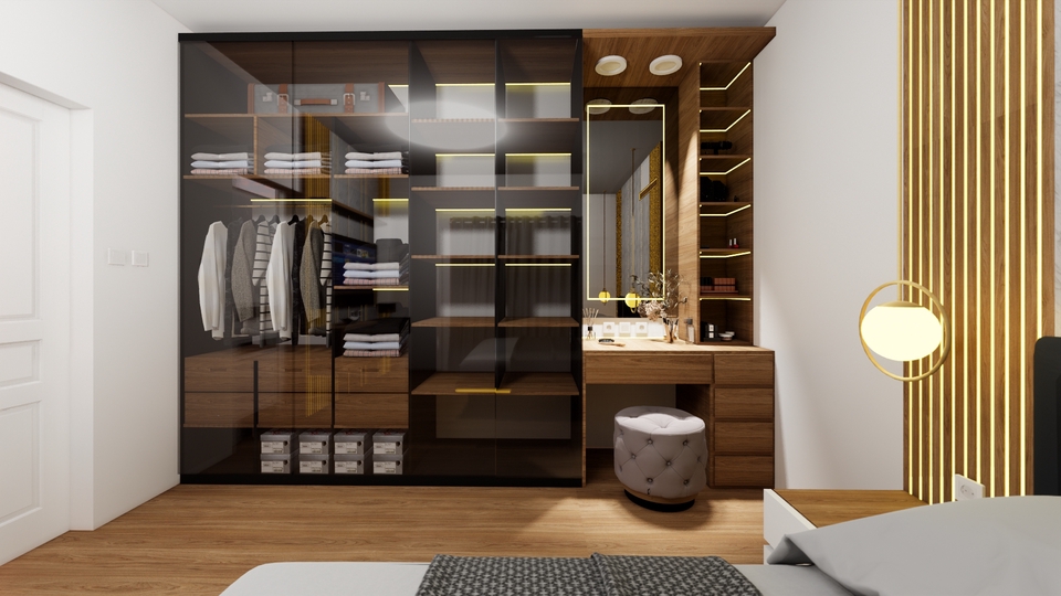 Jasa desain interior 3D untuk rumah minimalis dengan lemari walk in closet dan meja rias modern.