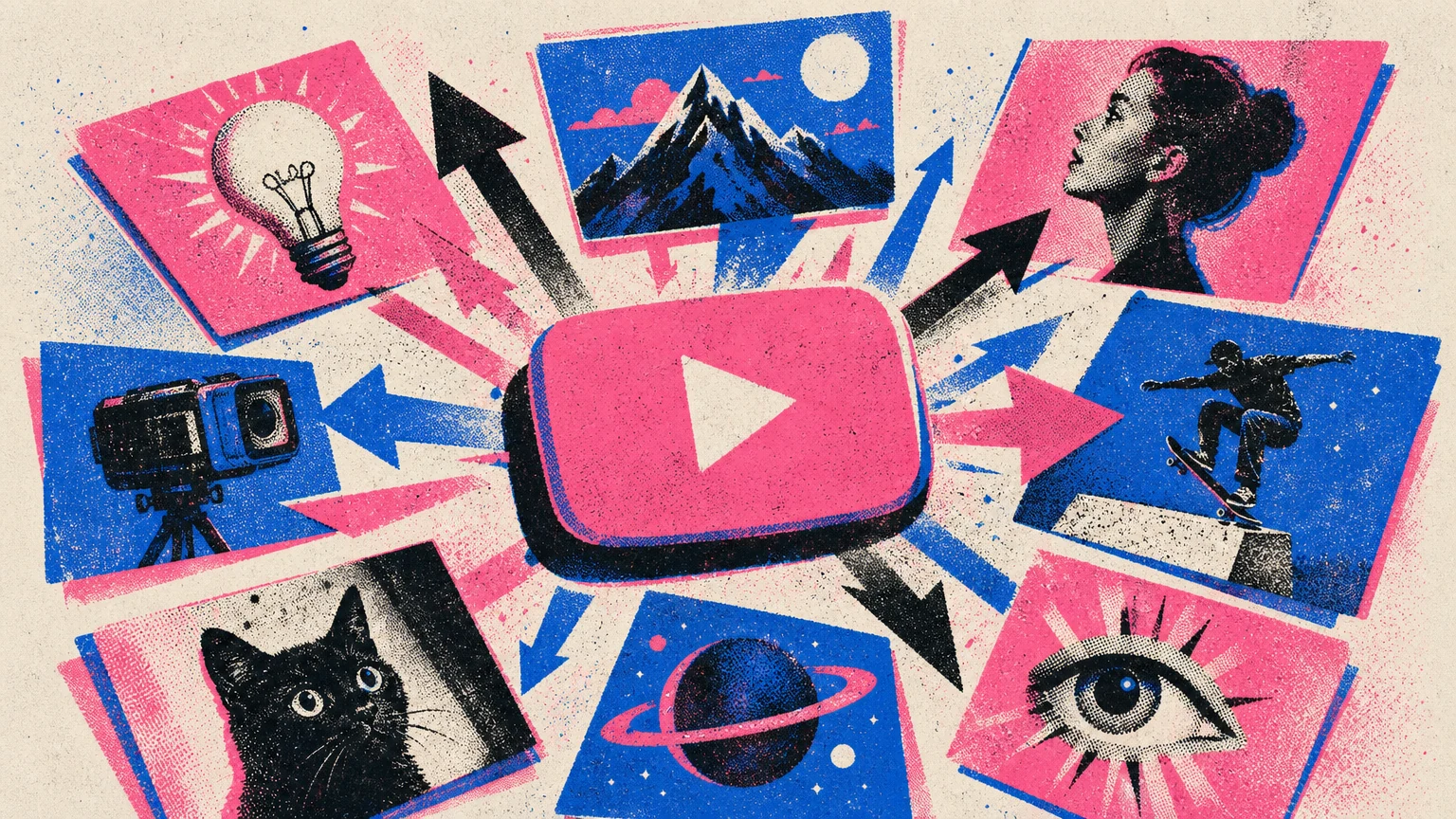 Video idea cards fanning out, risograph poster style.