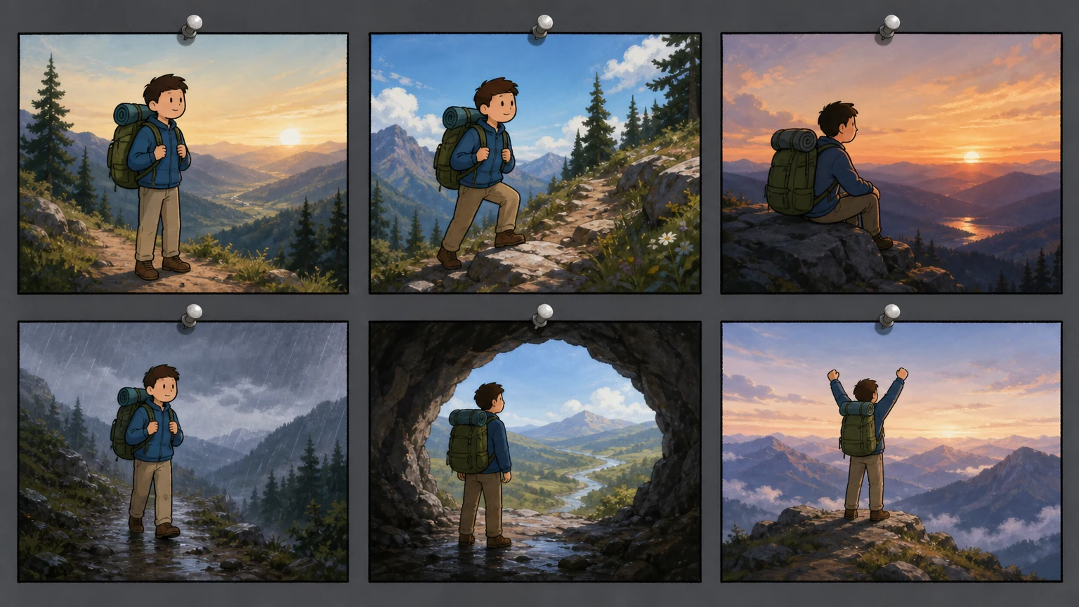 A six-frame storyboard board.
