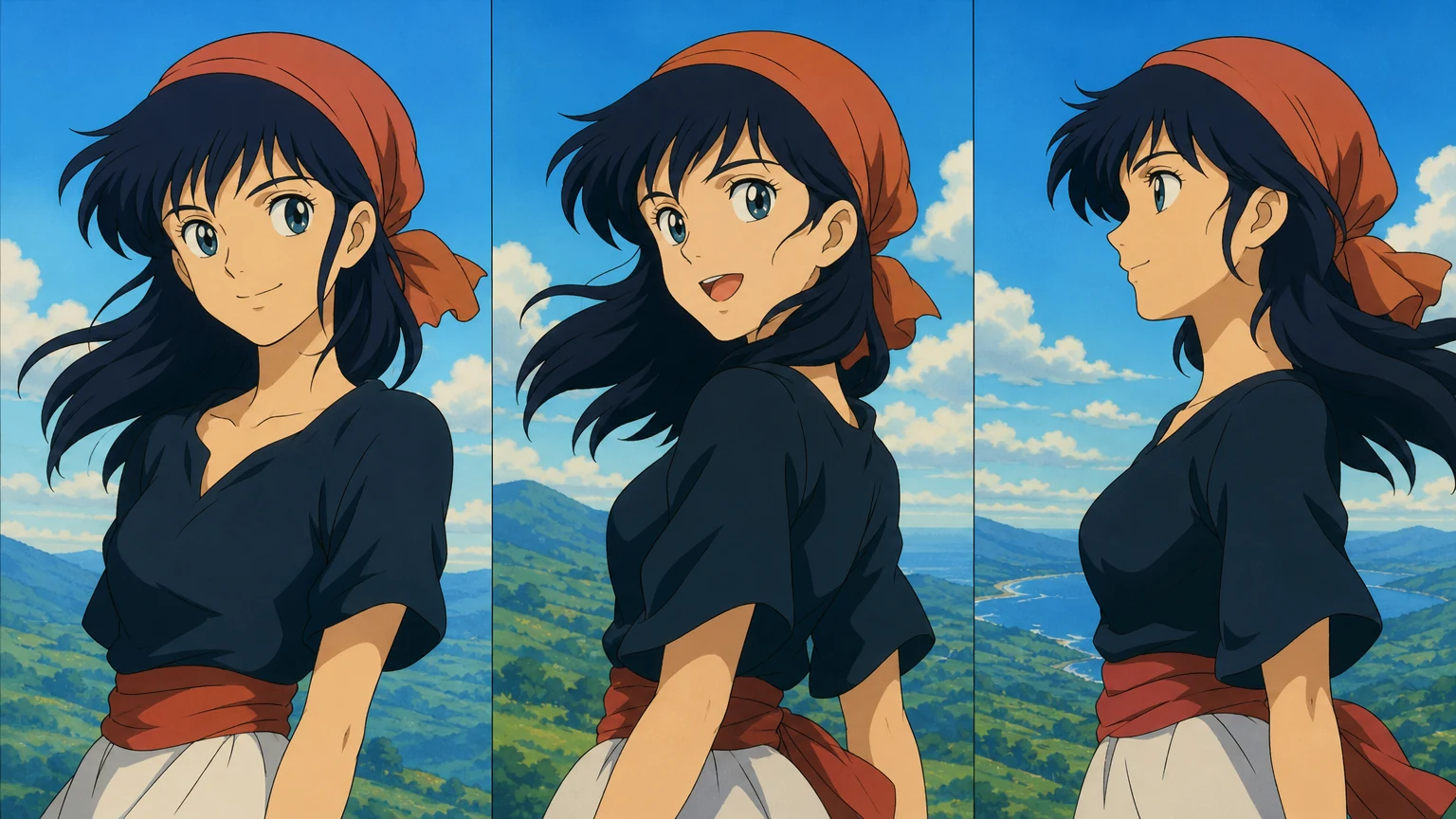 The same character across three frames, anime style.