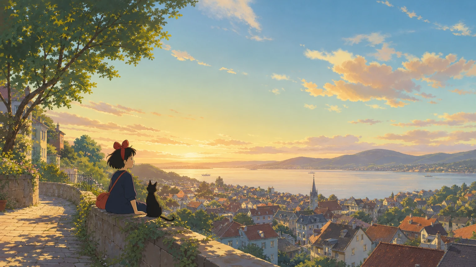 A soft illustrated hillside town at golden hour.