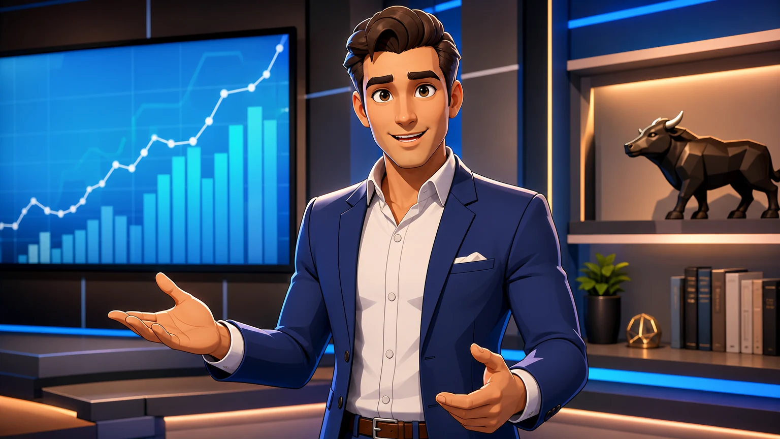 A finance presenter gesturing to camera, toon-render style.