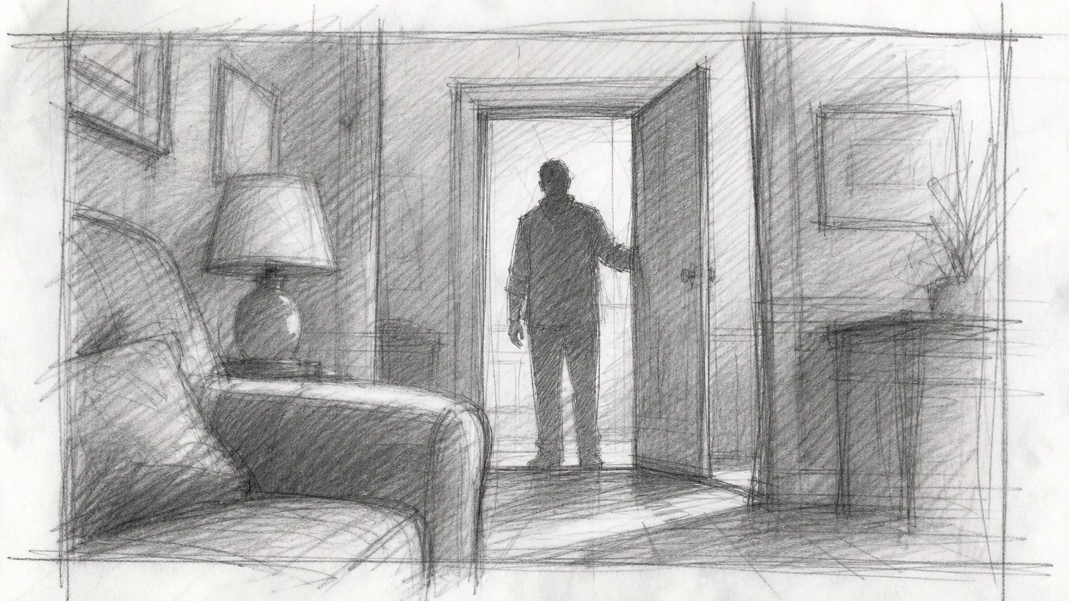 A rough pencil storyboard panel of an interior.
