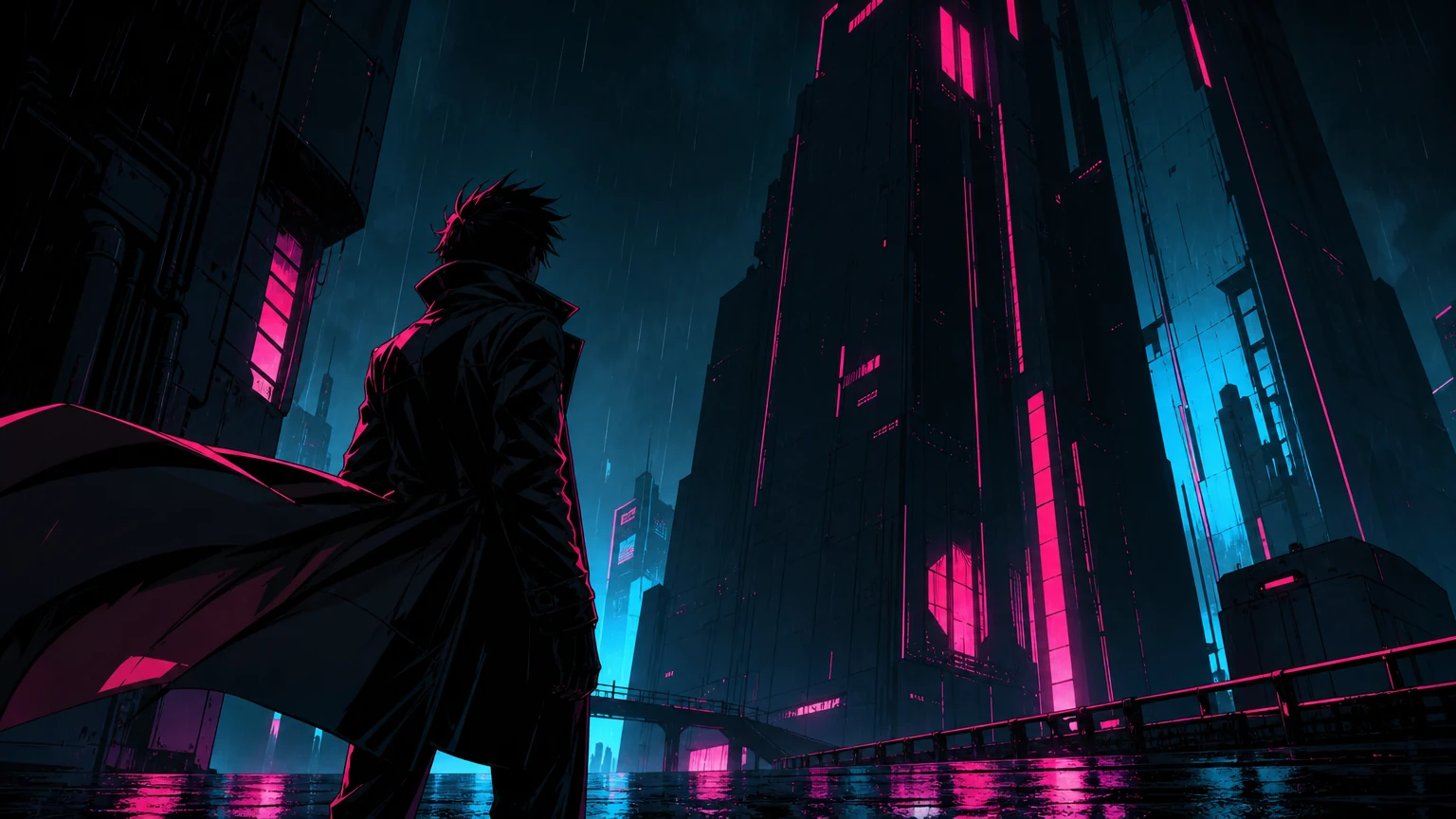 A neon cyberpunk street action moment.