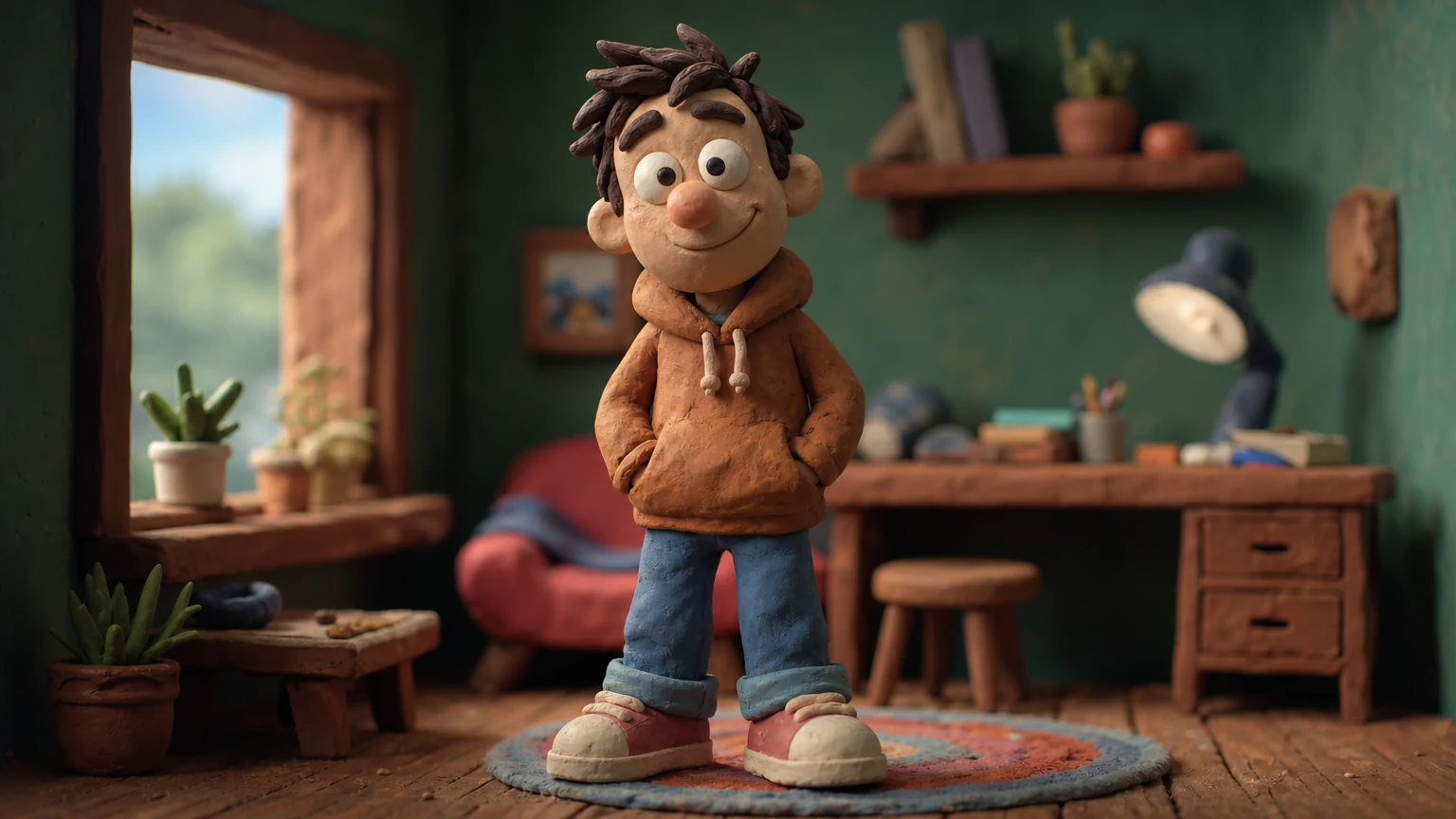 A stop-motion clay character in a handmade set.