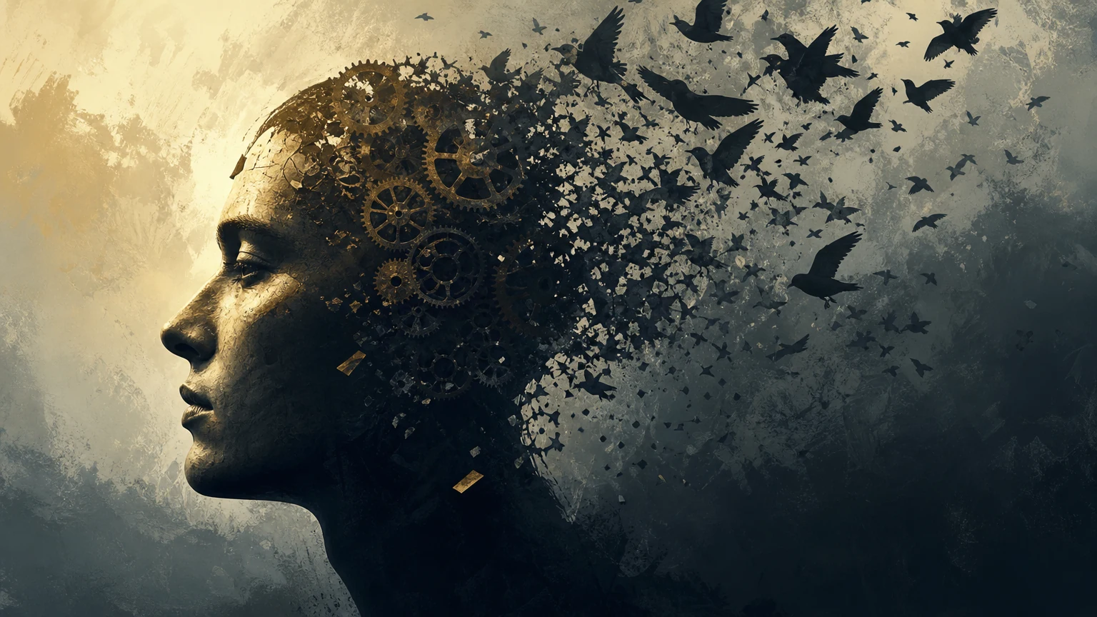 A human head dissolving into birds and gears, concept-art.