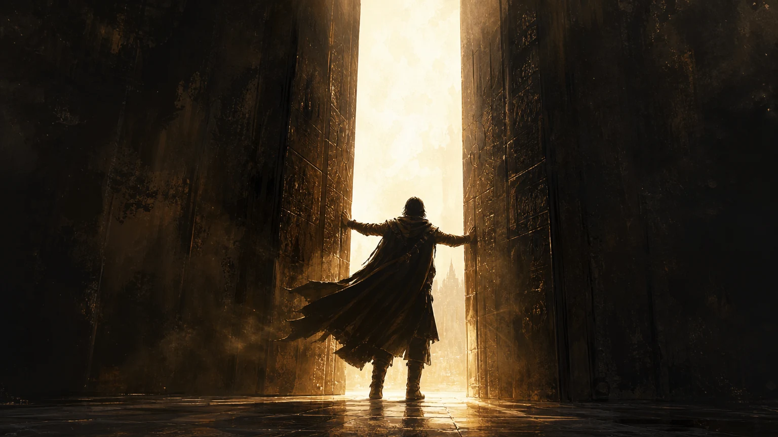 A figure opening a door into light, concept-art.