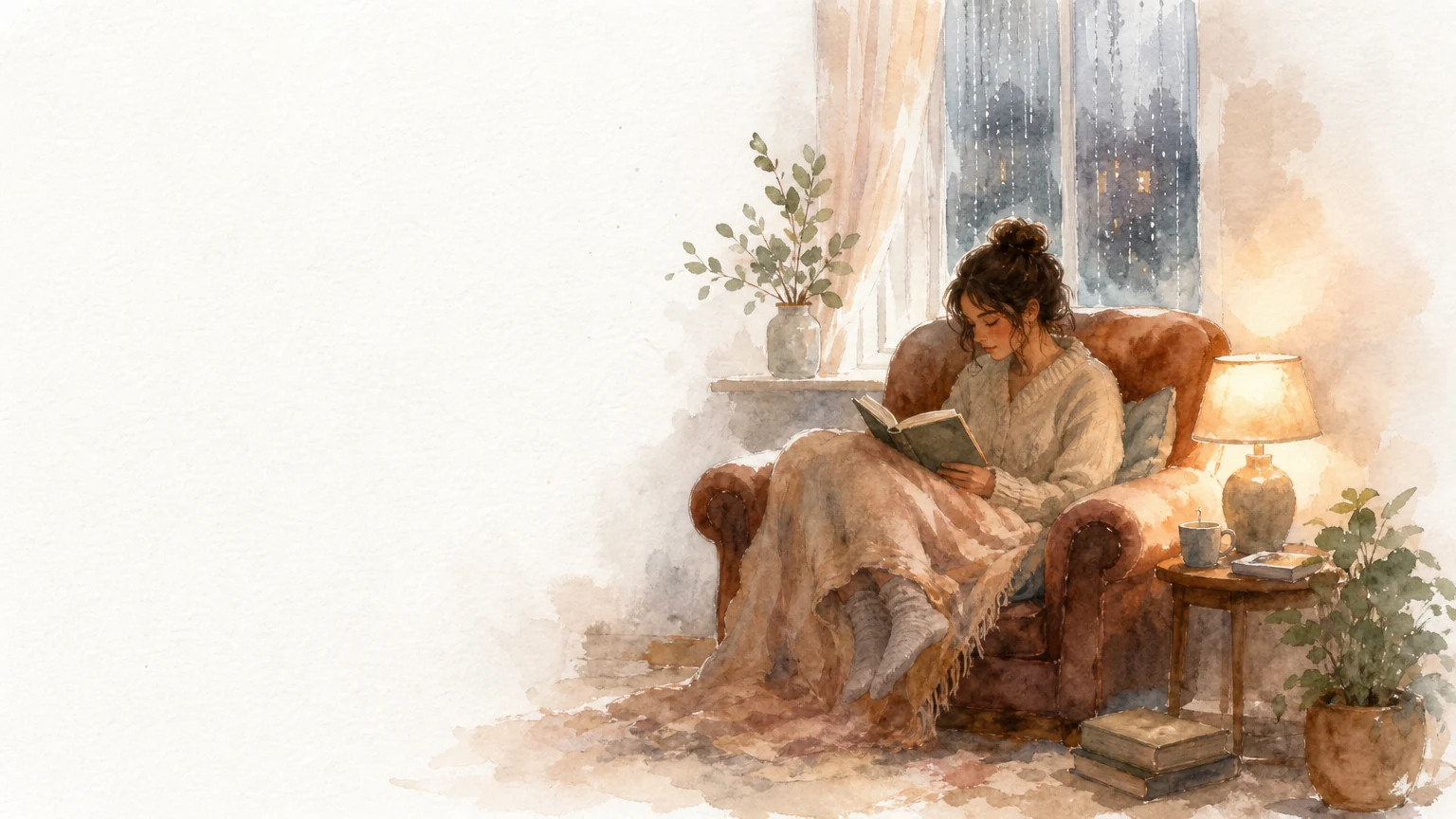A cozy reading nook by a rainy window, watercolor.