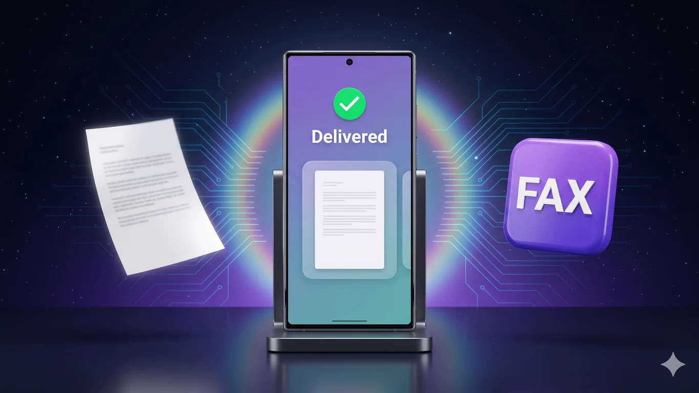 Android phone showing the Faxify app sending a document, with a carrier-confirmed Delivered status on screen