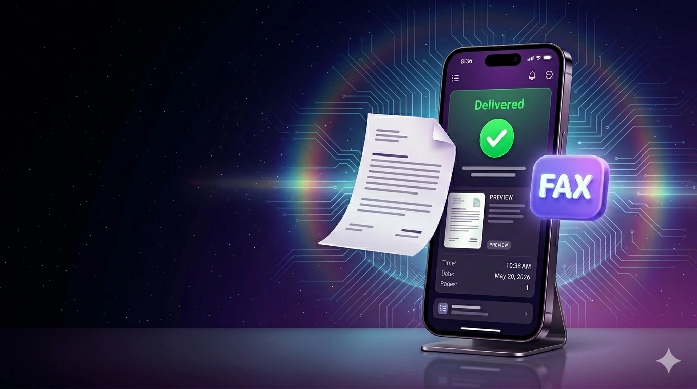Écran d'iPhone montrant un document en cours de fax avec l'app Faxify et une confirmation de statut Livré