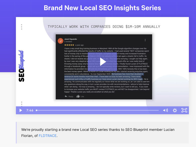 Taught a Local SEO course module as part of the SEO Blueprint