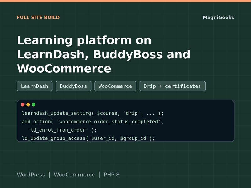 Build: learning platform on LearnDash, BuddyBoss and WooCommerce