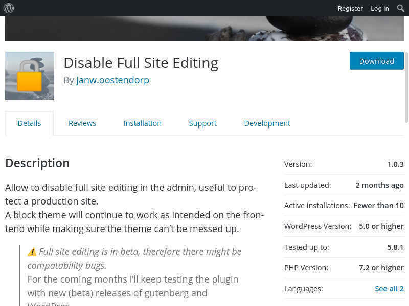 Disable Full Site Editing - Plugin