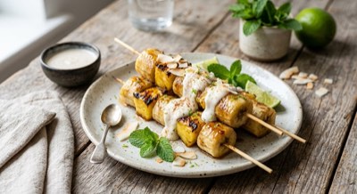 Banana and Pineapple Grilled Skewers with Coconut Cream