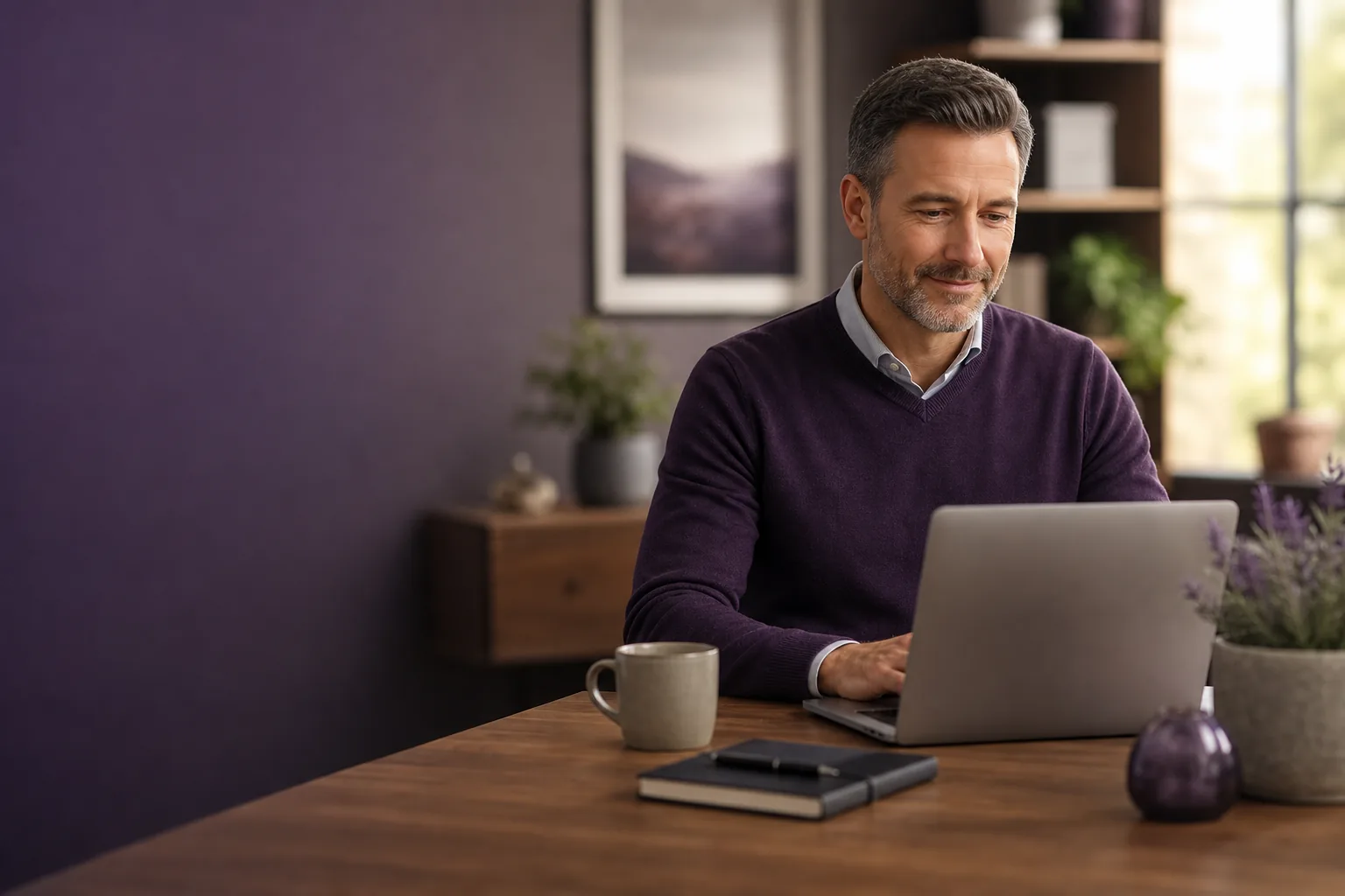 A funeral director working calmly at a laptop in a quiet office