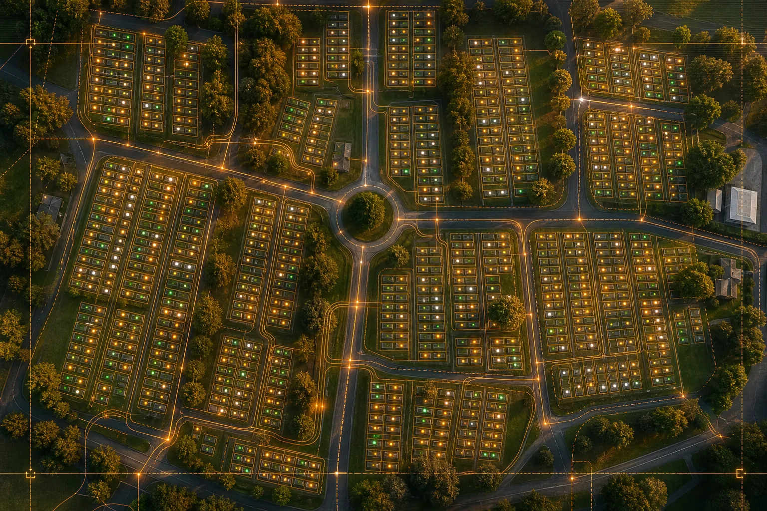 Aerial view of a modern cemetery with digital section grids and space availability overlays