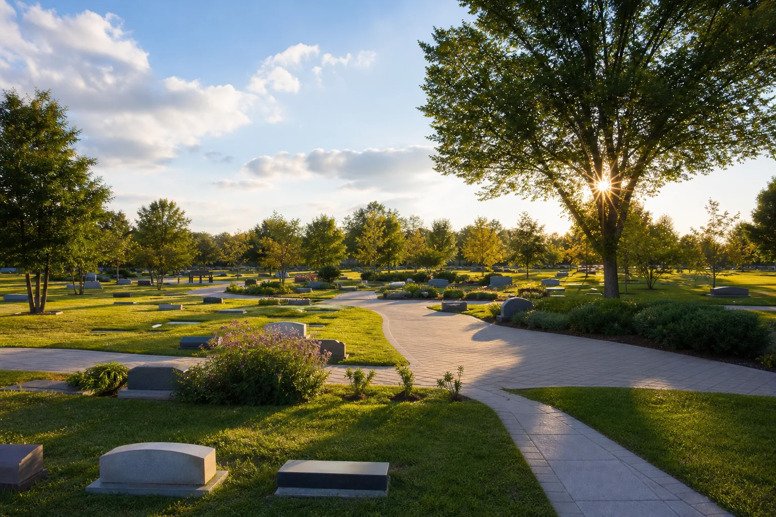 A modern park-like cemetery with open lawns and a walking path at golden hour