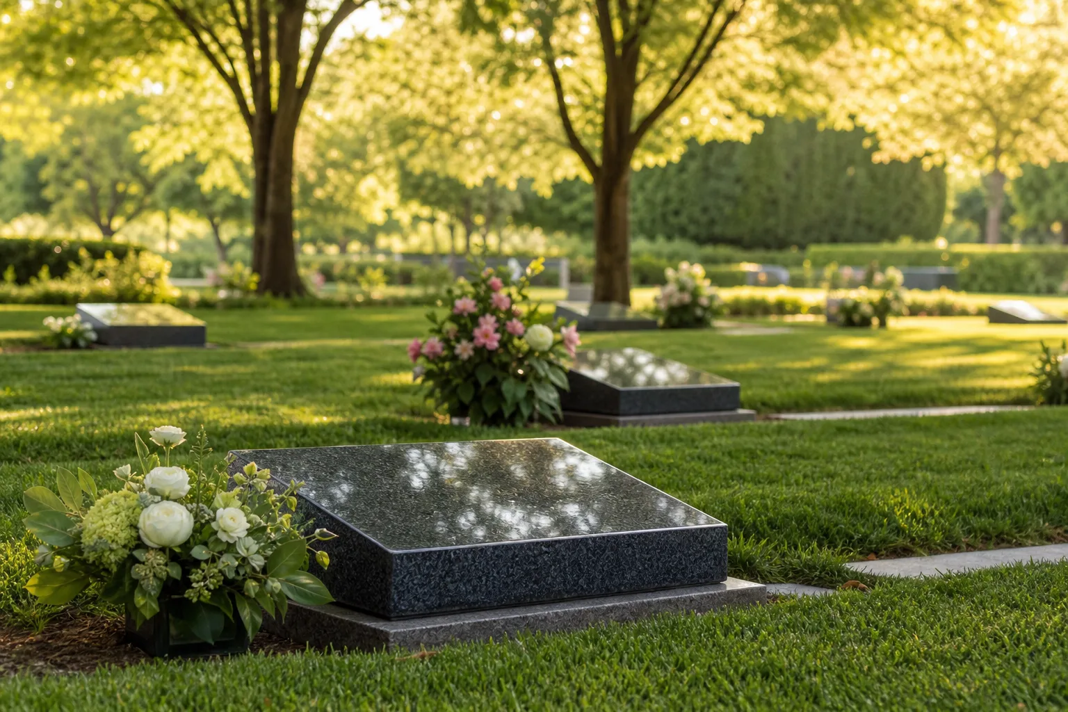 Contemporary granite markers on a manicured lawn