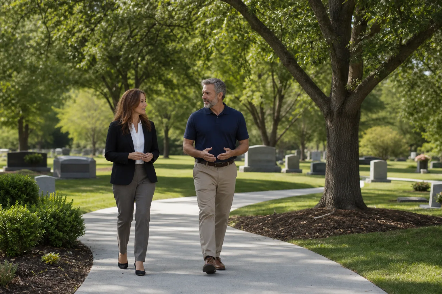 Cemetery staff walking a path through a modern park-like cemetery