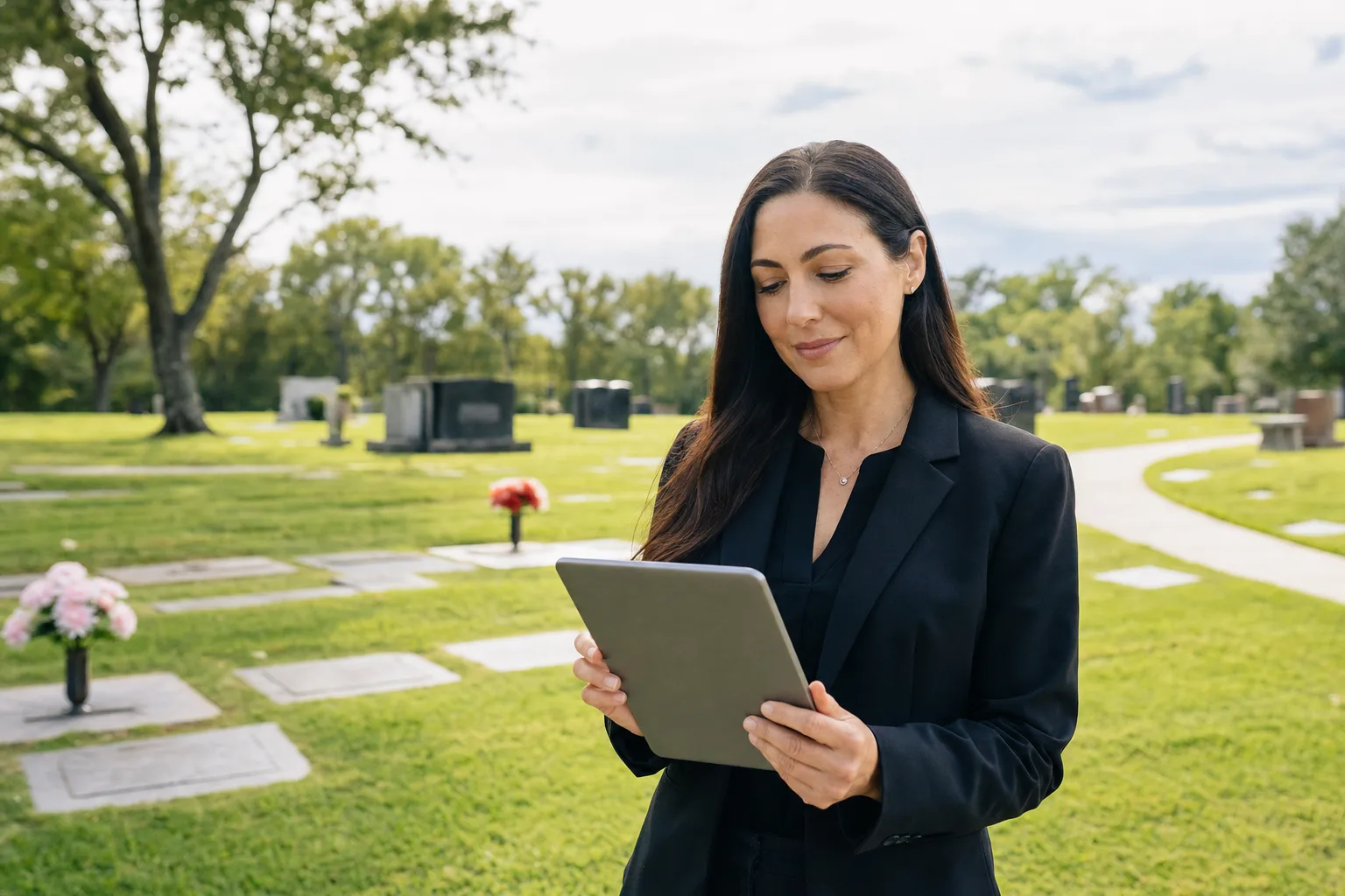 A cemetery professional reviewing records on a tablet outdoors in a modern park-like cemetery