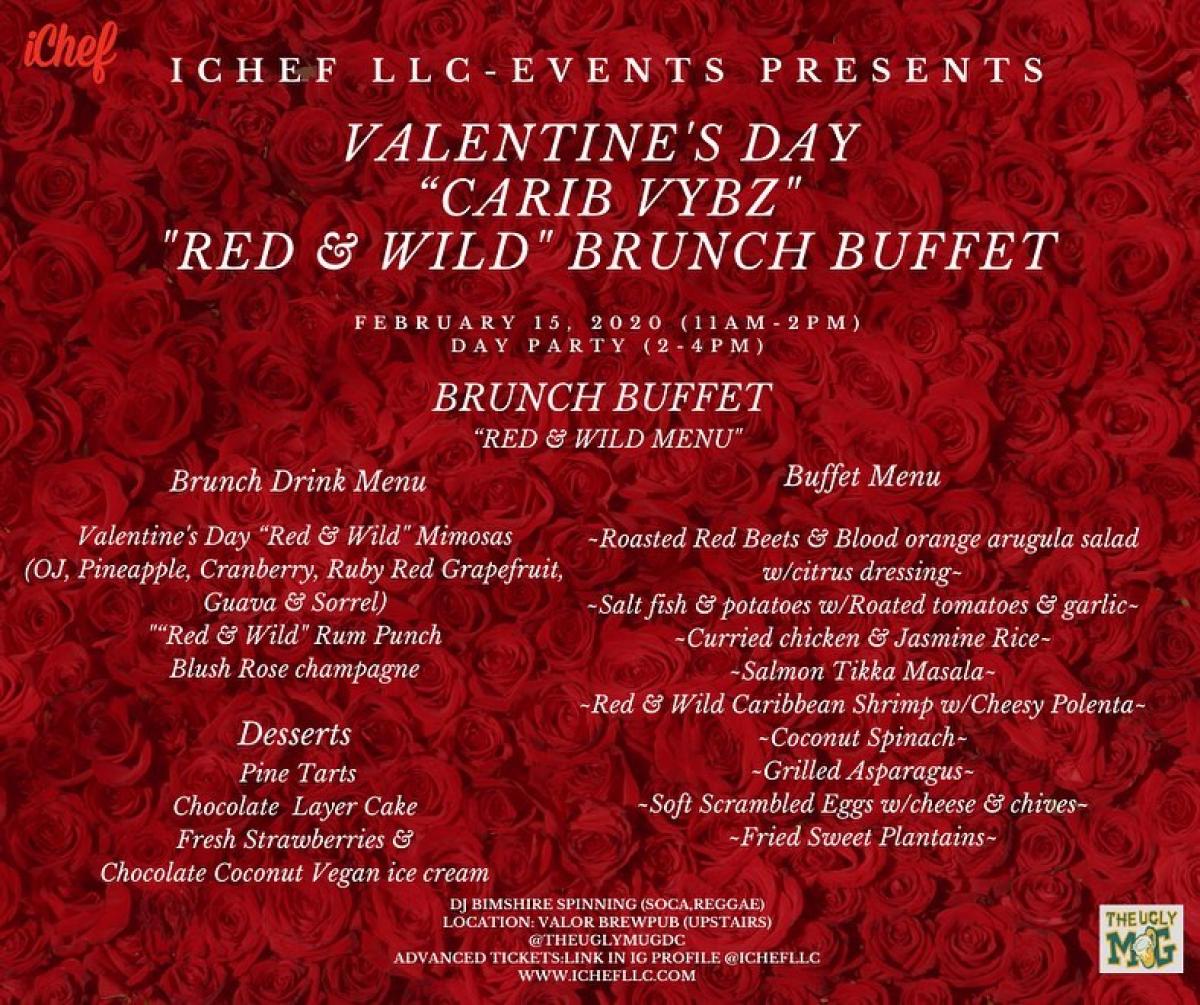 Valentine's Day "Carib Vybz" "Red & Wild" Brunch Buffet flyer or graphic.