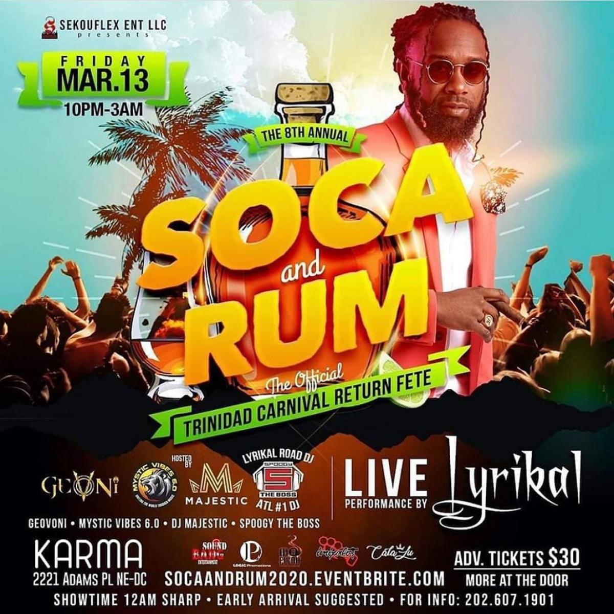 Soca and Rum: The Official Carnival Return Fete flyer or graphic.