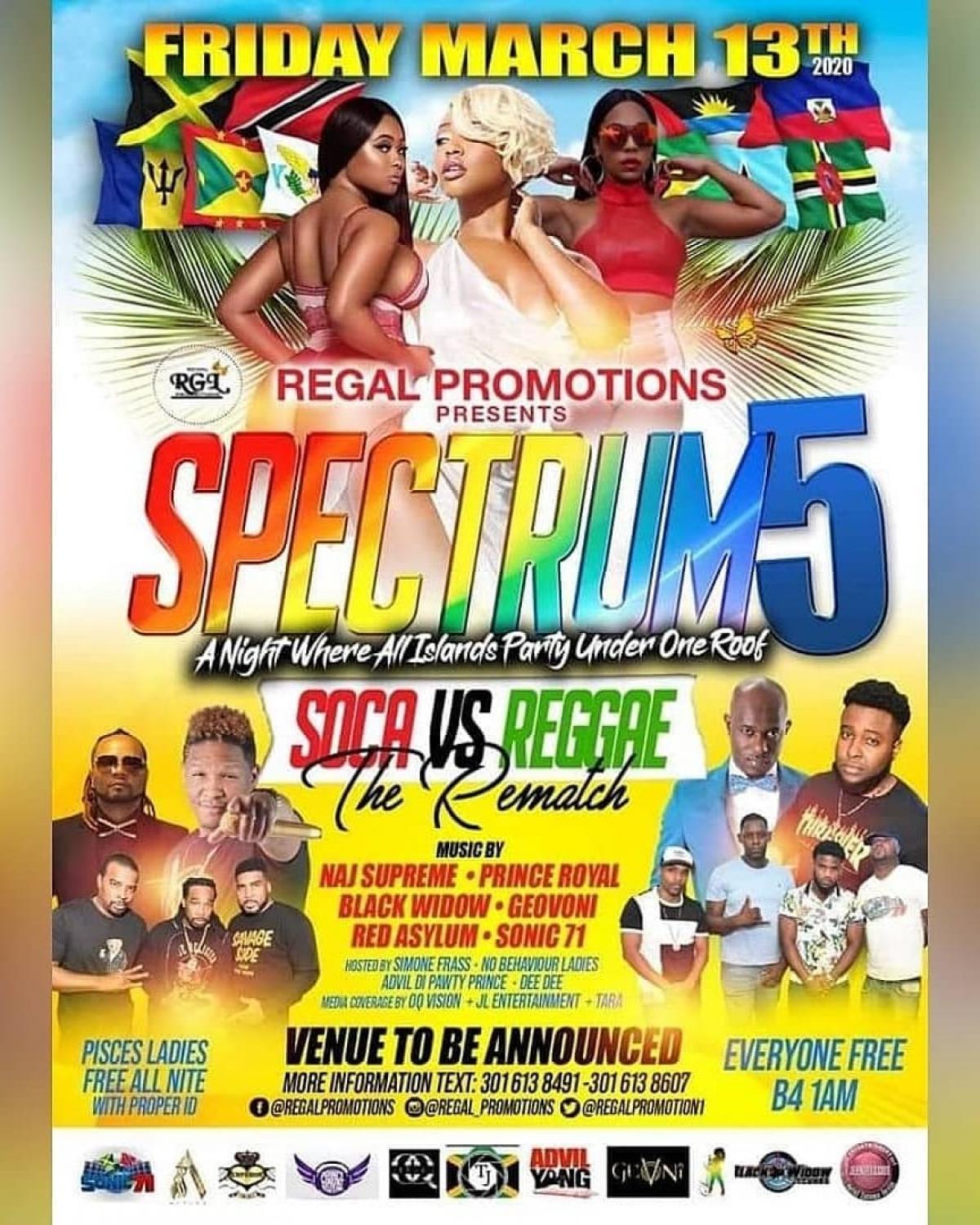 Spectrum 5: Soca vs. Reggae The Rematch flyer or graphic.