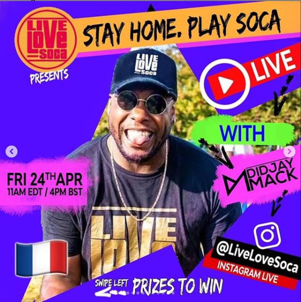 Stay Home, Play Soca flyer or graphic.