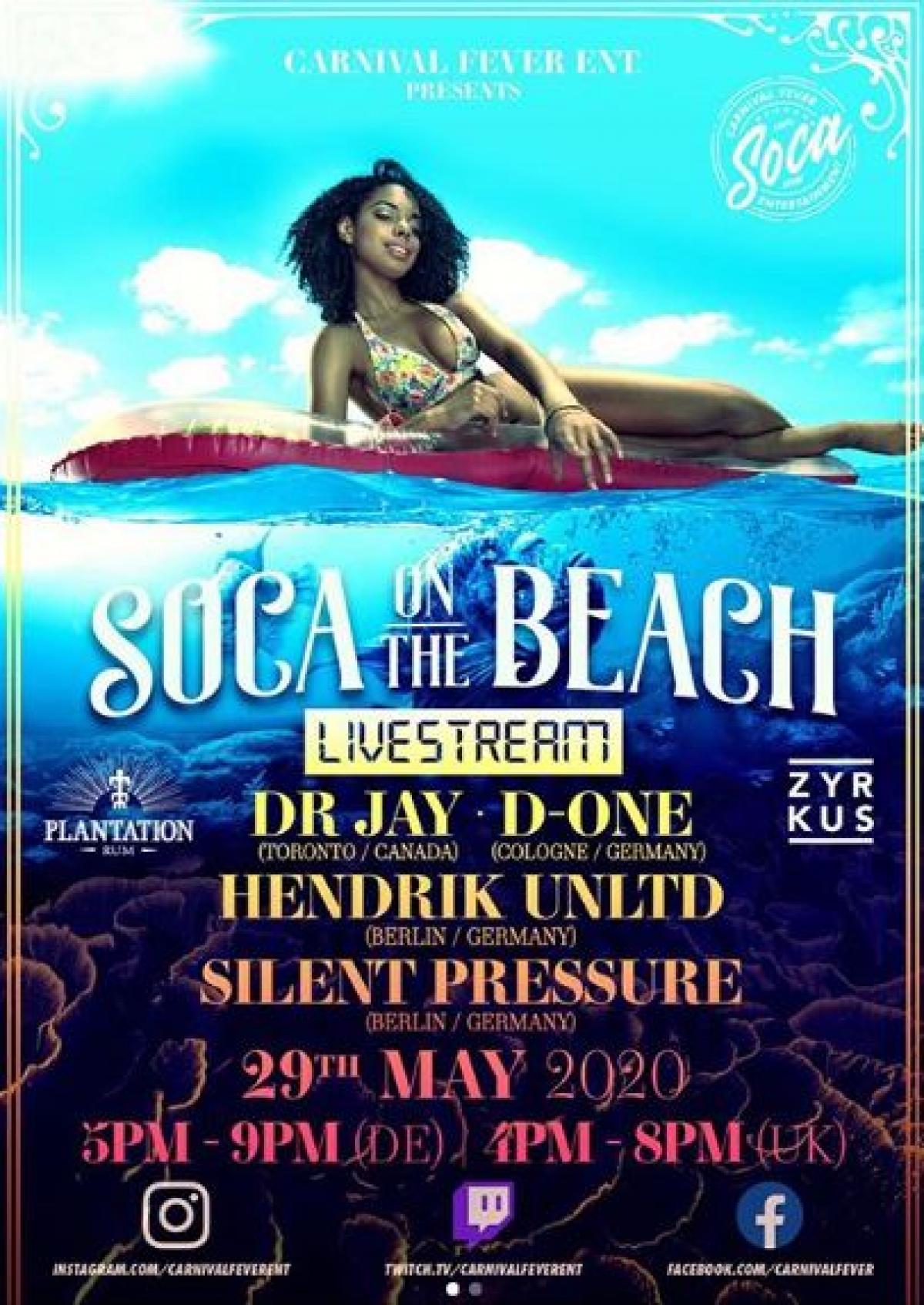 Soca On The Beach flyer or graphic.