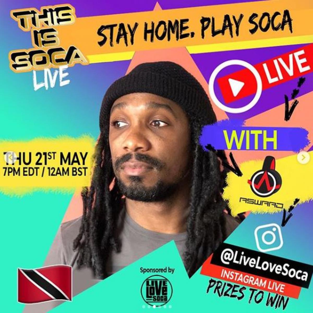 Stay Home. Play Soca flyer or graphic.