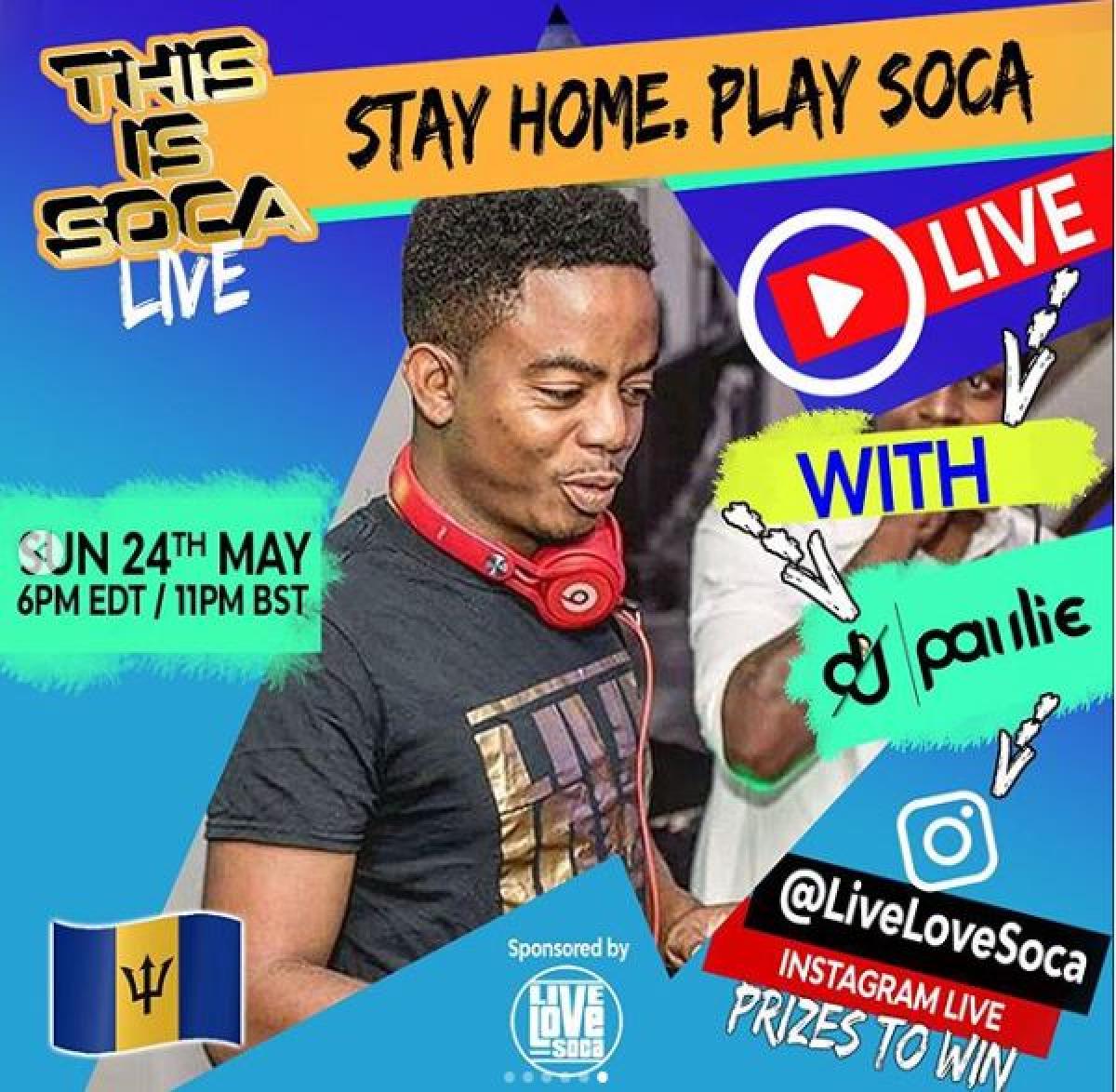 Stay Home. Play Soca flyer or graphic.