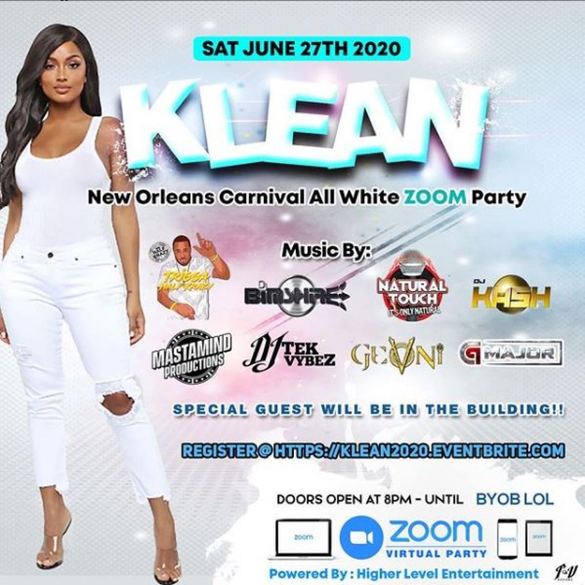 Klean - Nola Caribbean Carnival ‘’All White ‘’ Virtual Party flyer or graphic.