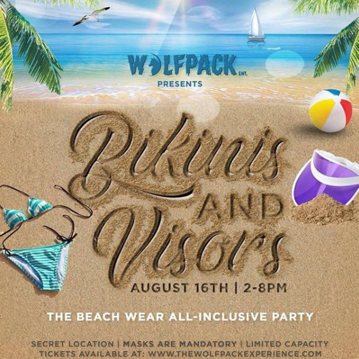 Bikinis & Visors flyer or graphic.