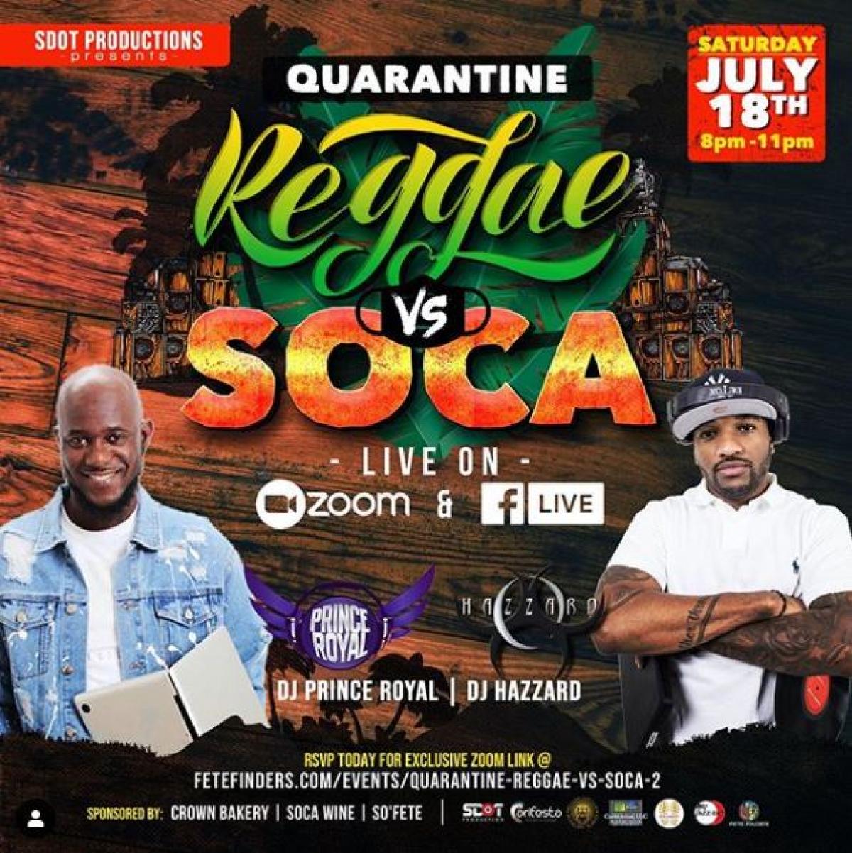 Quarantine Reggae vs. Soca 2 flyer or graphic.