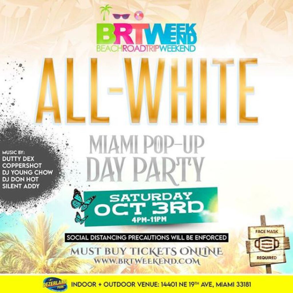 All White: Miami Pop-Up Party flyer or graphic.