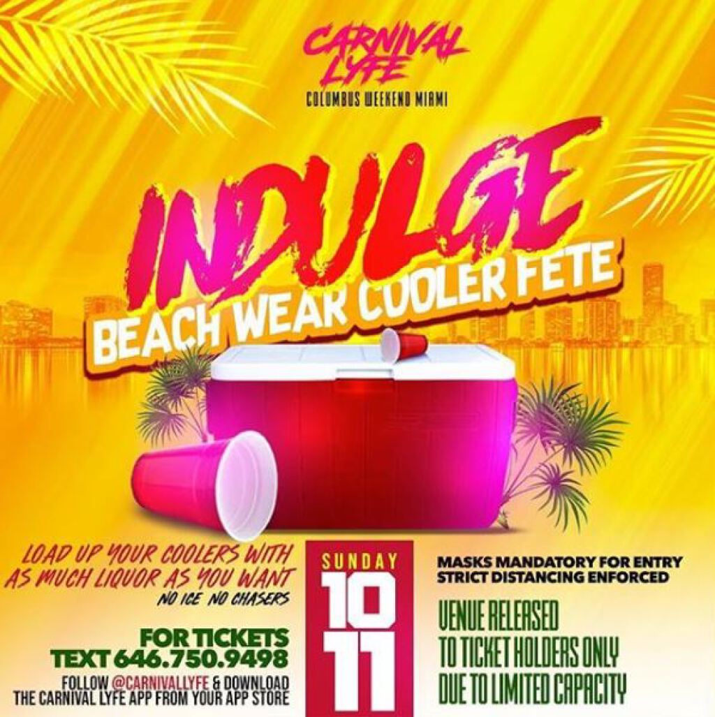 Indulge " Beach Wear Cooler Fete flyer or graphic.