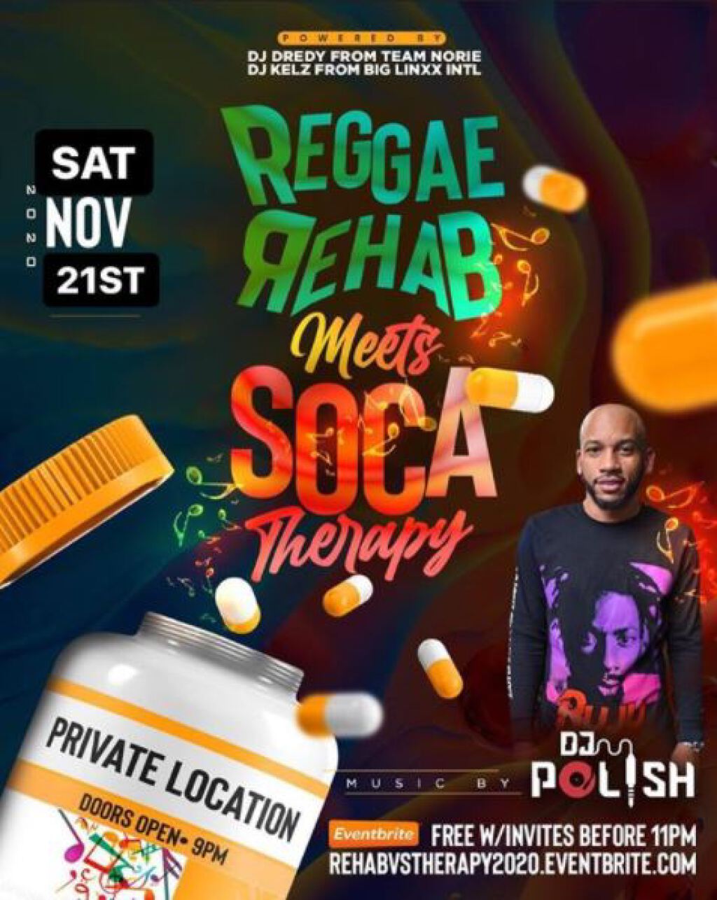 Reggae Rehab Vs Soca Therapy flyer or graphic.