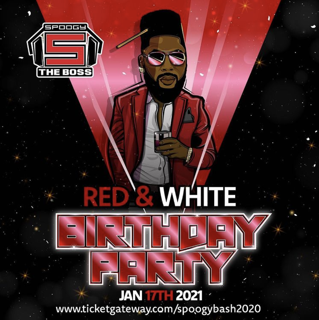 Spoogy Red & White Birthday Bash flyer or graphic.