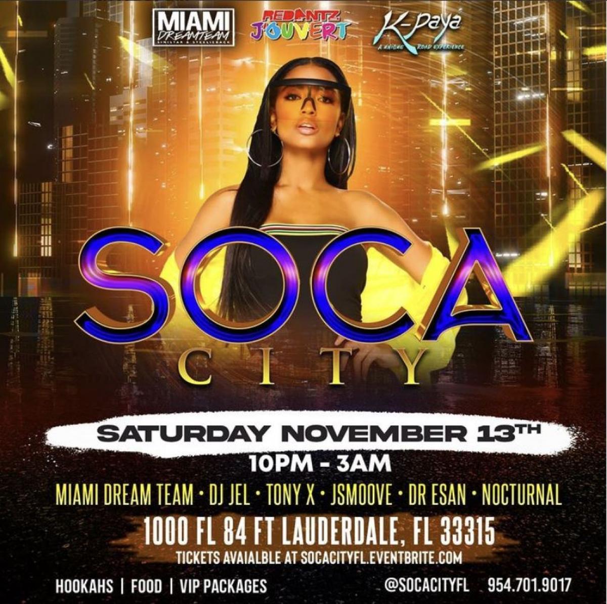 Soca City - 100% Soca flyer or graphic.