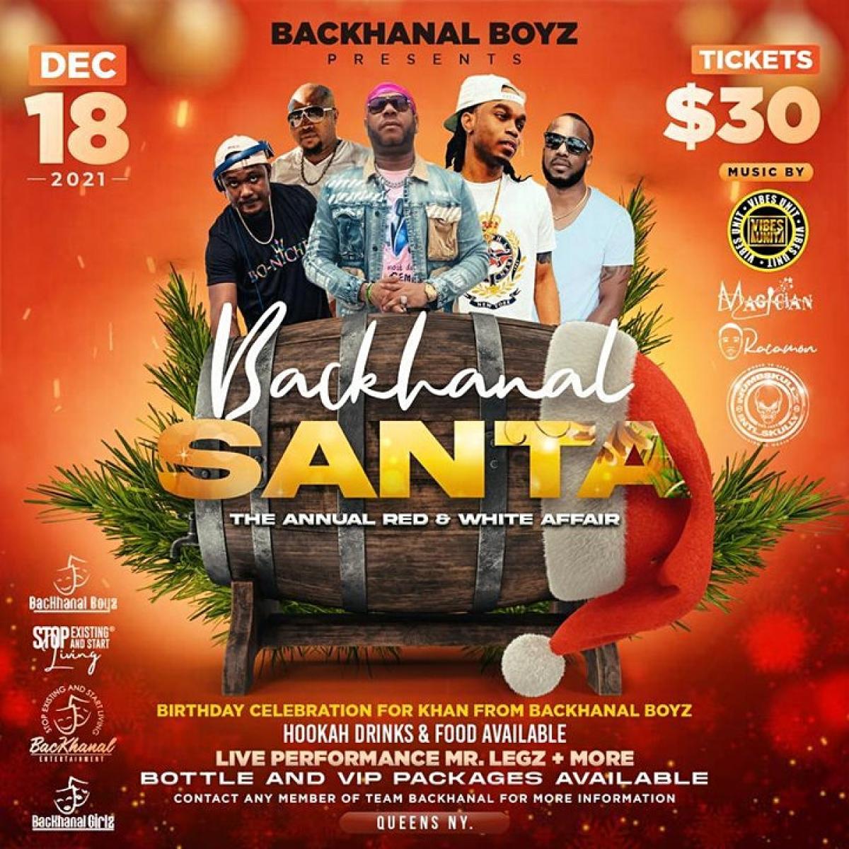 Backhanal Santa The Red & White Affair flyer or graphic.