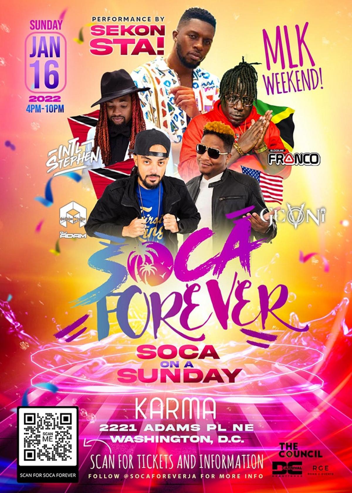 Soca Forever: Soca on a Sunday flyer or graphic.